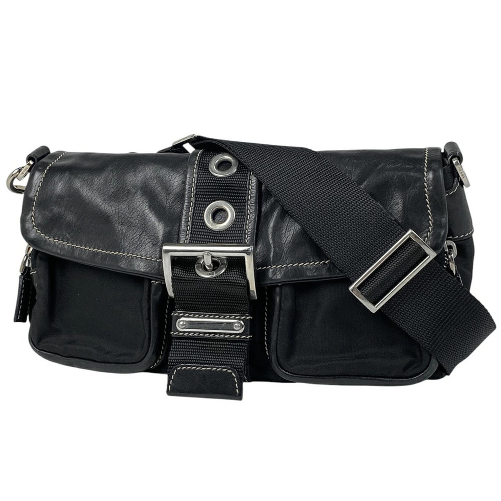 Prada Logo Plate Shoulder Bag Hobo Handbag Nero Black